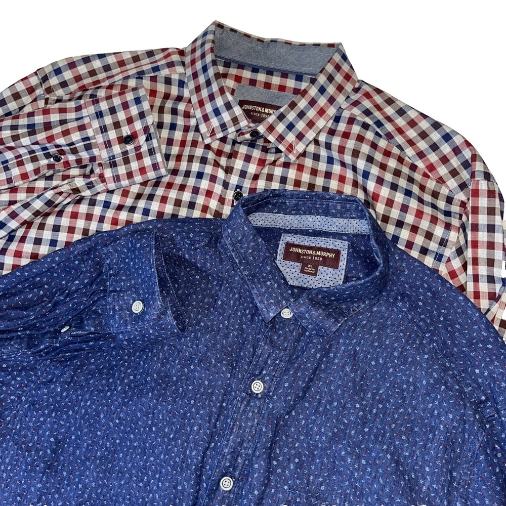Johnston & Murphy Lot Button Shirts XL Linen Cotton Plaid Slim Blue Red Brown